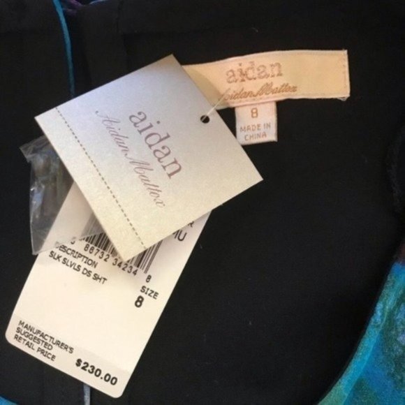 NWT Aidan by Aidan Mattox Black Draped Gown Silk Abstract Watercolor Blue Green - Picture 6 of 13